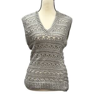 Handmade Crochet Boho Open Knit Sweater Vest Taupe Gray Cottagecore Top Women SM